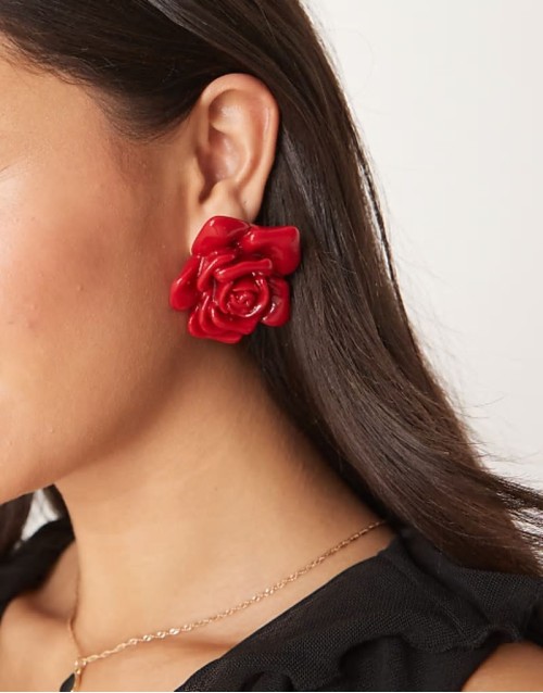 stud earrings with oversized rose detail in red