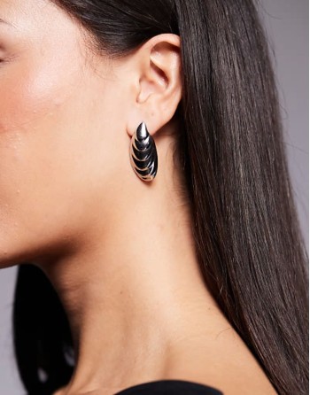 ridged large stud earrings in rhodium plated