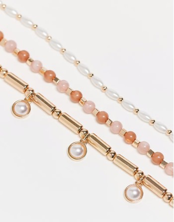 pack of 3 braided bracelets with faux pearl charm detail in gold tone