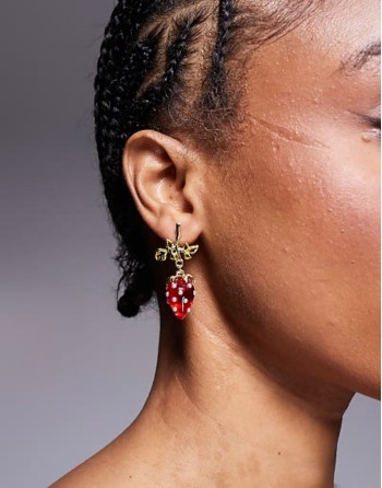pearl detail strawberry earrings in red and gold