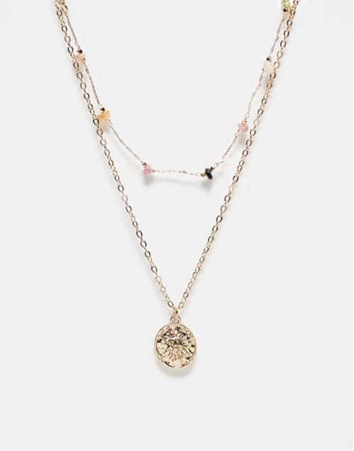 pack of 2 necklaces with chipping and coin detail in gold tone