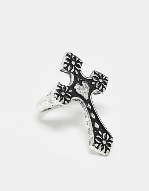 unisex ring with heart cross in silver