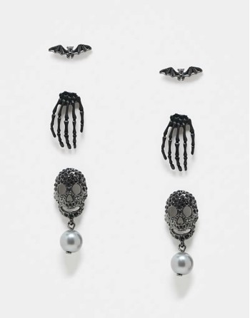 pack of 3 earrings with skeleton and bat design