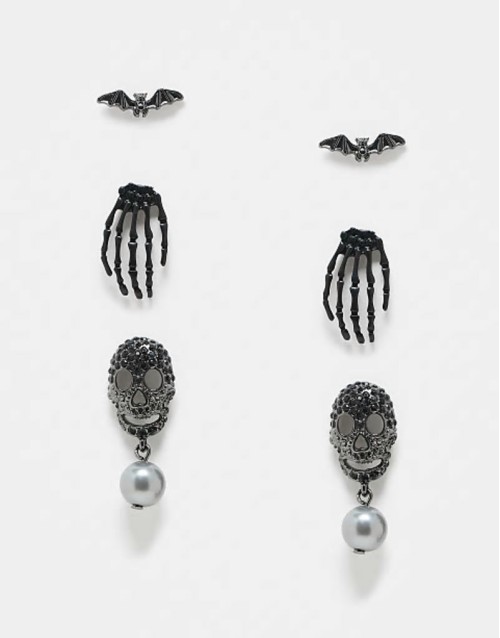 pack of 3 earrings with skeleton and bat design
