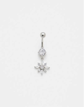 gemset floral belly bar in silver steel