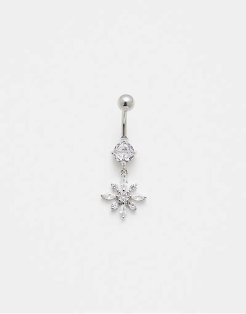 gemset floral belly bar in silver steel