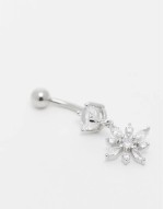 gemset floral belly bar in silver steel