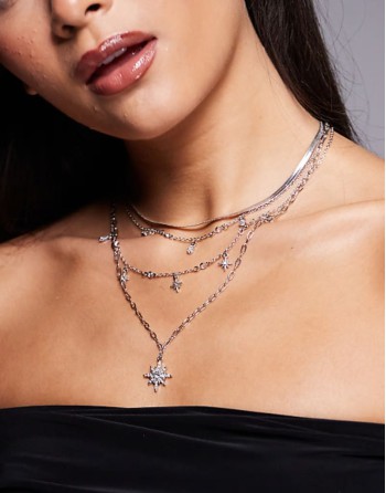 multilayer celestial necklace in rhodium plated