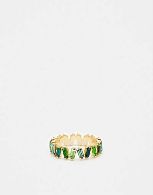 baguette ring with tonal green stones in gold tone