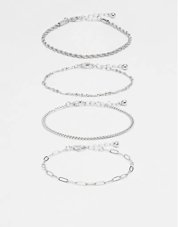 pack of 4 fine chain bracelets in silver tone
