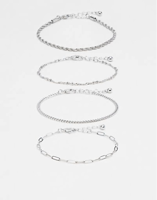 pack of 4 fine chain bracelets in silver tone