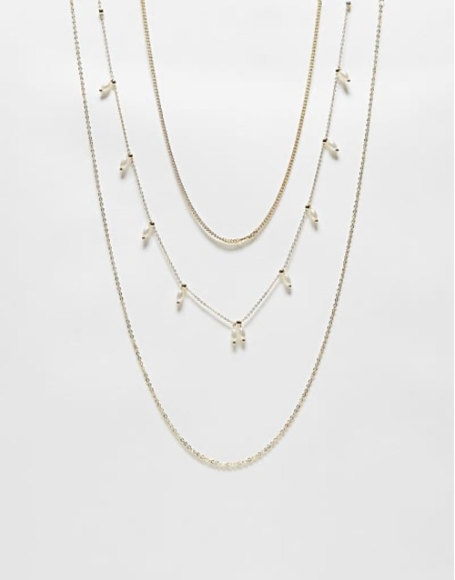 Curve 3 pack tiered necklaces with faux pearl detail in gold
